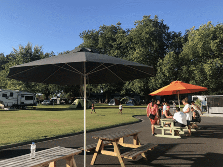 Sunny outdoor picnic area at holiday park