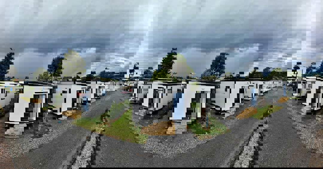 Ariel shot of cabins in a row